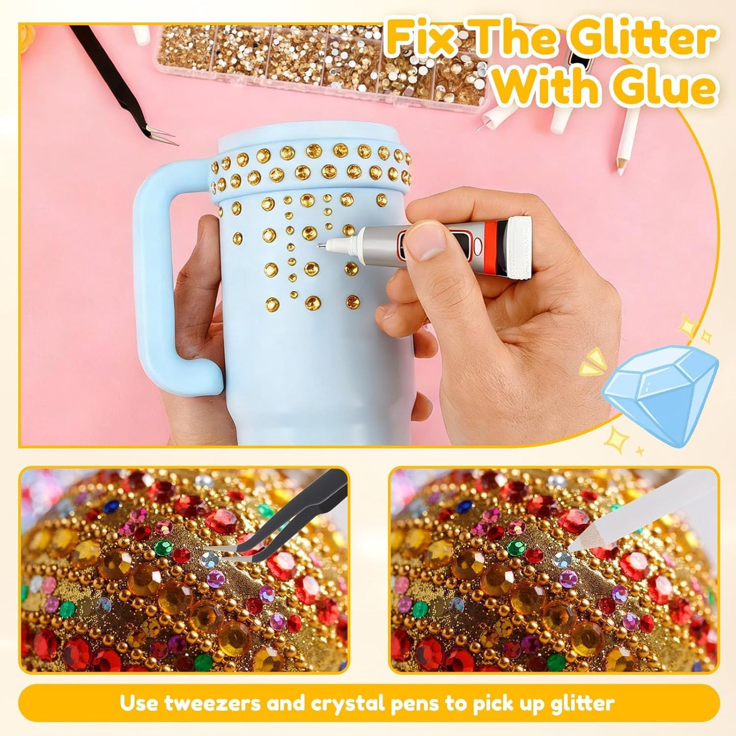 24,000-Pc Resin Rhinestones Kit for Crafting, 3mm Flatback with Storage Box & Tools, for Nail Art, Jewelry, Clothing Decoration (Gold)