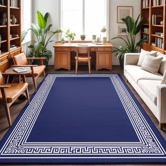 Large Area Rugs 6'x9', Navy Blue Geometric Carpet Runner Indoor Outdoor Rugs Home Decor Aesthetic, White Greek Key Farmhouse Non Slip Mats Washable Accent Rug for Living Room Bedroom