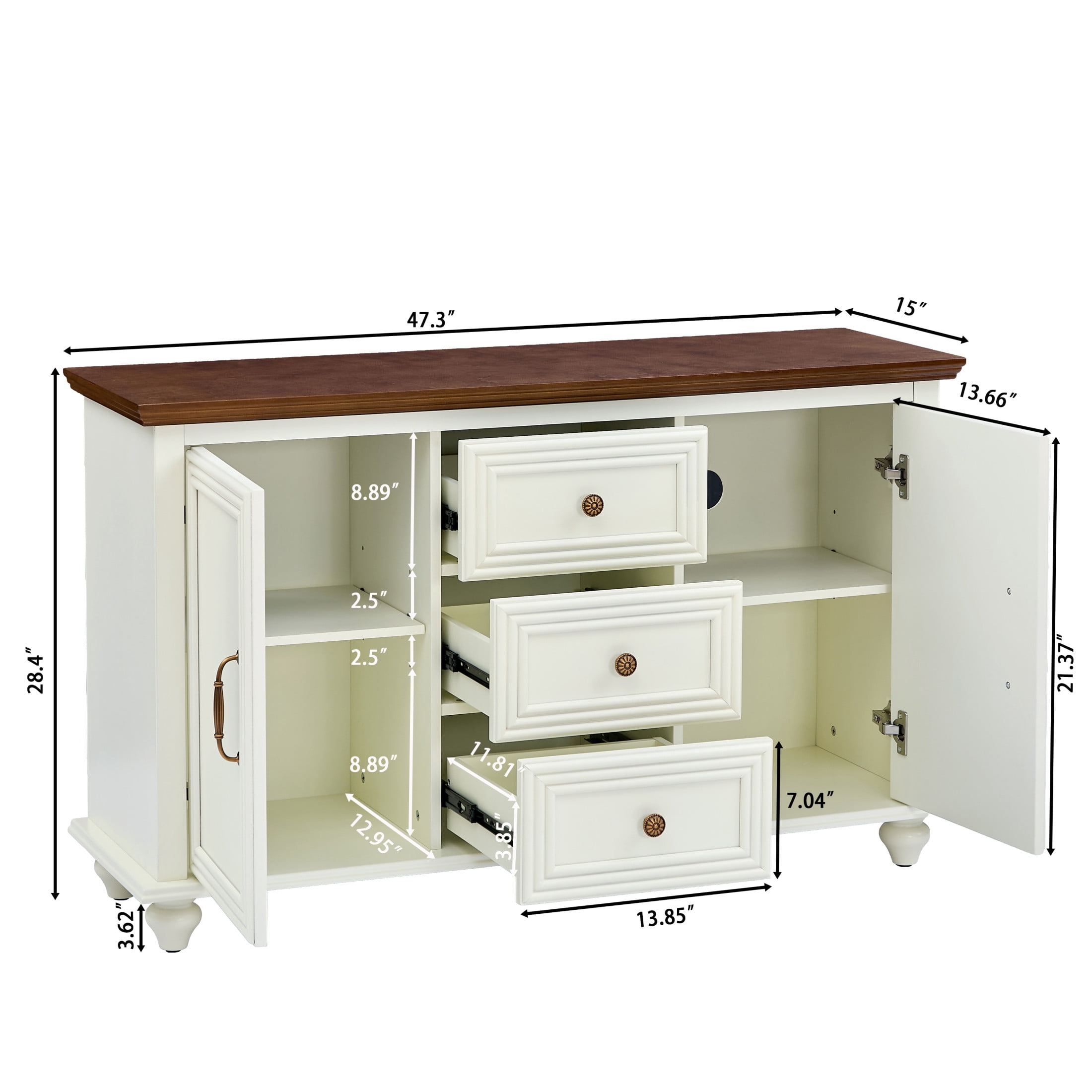 GDF Studio 47.3" Mid Century Modern Sideboard Buffet Cabinet with 2 Doors & 3 Drawers, White+Brown
