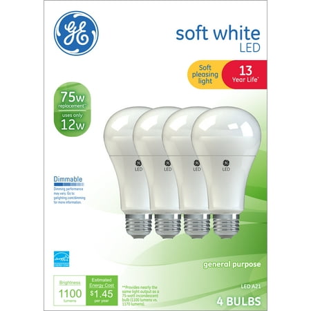 GE LED 12-Watt (75W Equivalent) Soft White General Purpose A21 Light Bulbs, Medium Base, 13-Year Life, 4pk