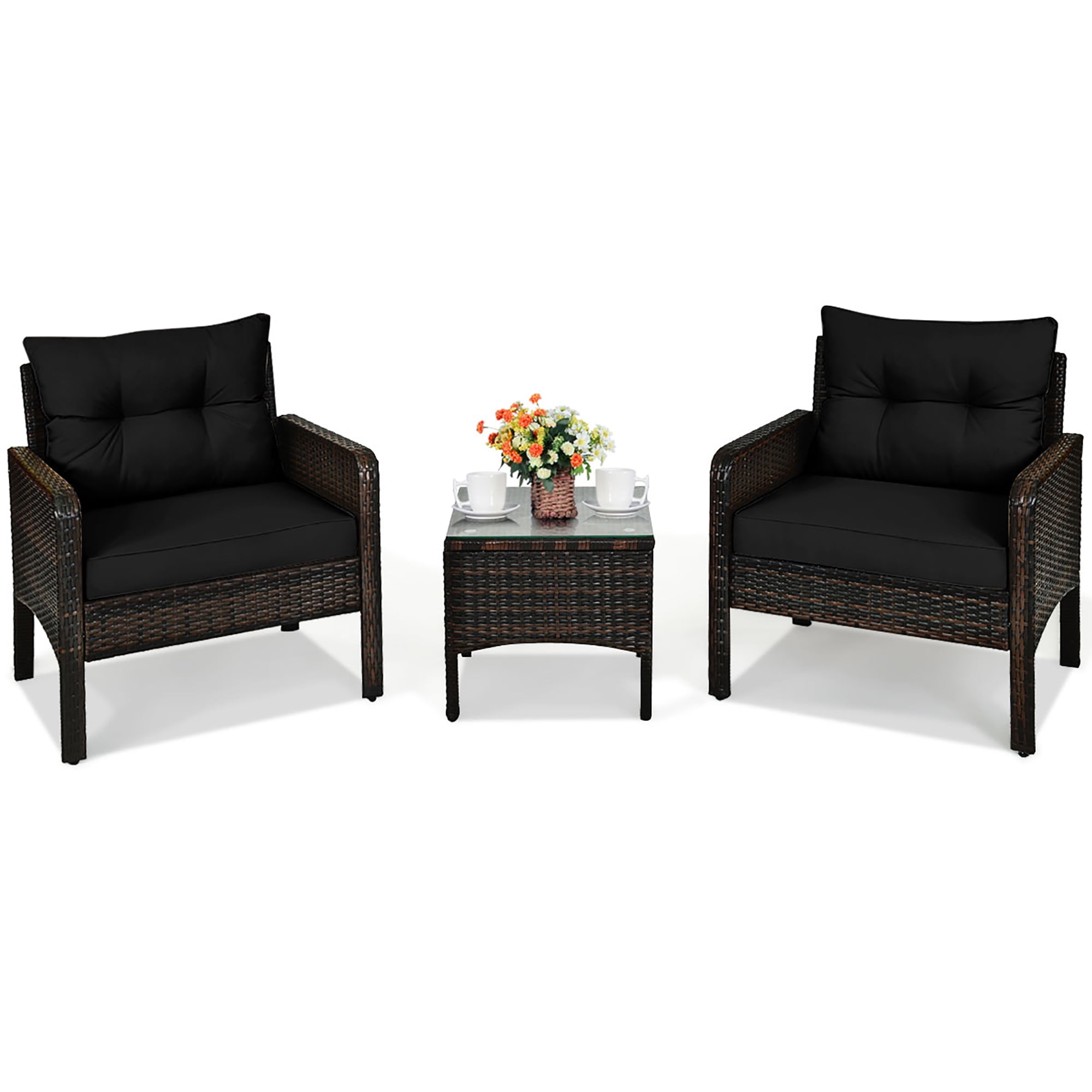 Costway 3PCS Outdoor Rattan Conversation Set Patio Garden Cushioned Sofa Chair Black