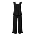 thumbnail image 5 of Elvqul Loose Fit Sleeveless Square Neck Knit Fabric Long Pants Ruffled Hem Side Pockets Pajama Set Sleepwear Loungewear Ruffled Hem Pjs Flutter Strap Pjs Ruffle Detail Pajamas, 5 of 7