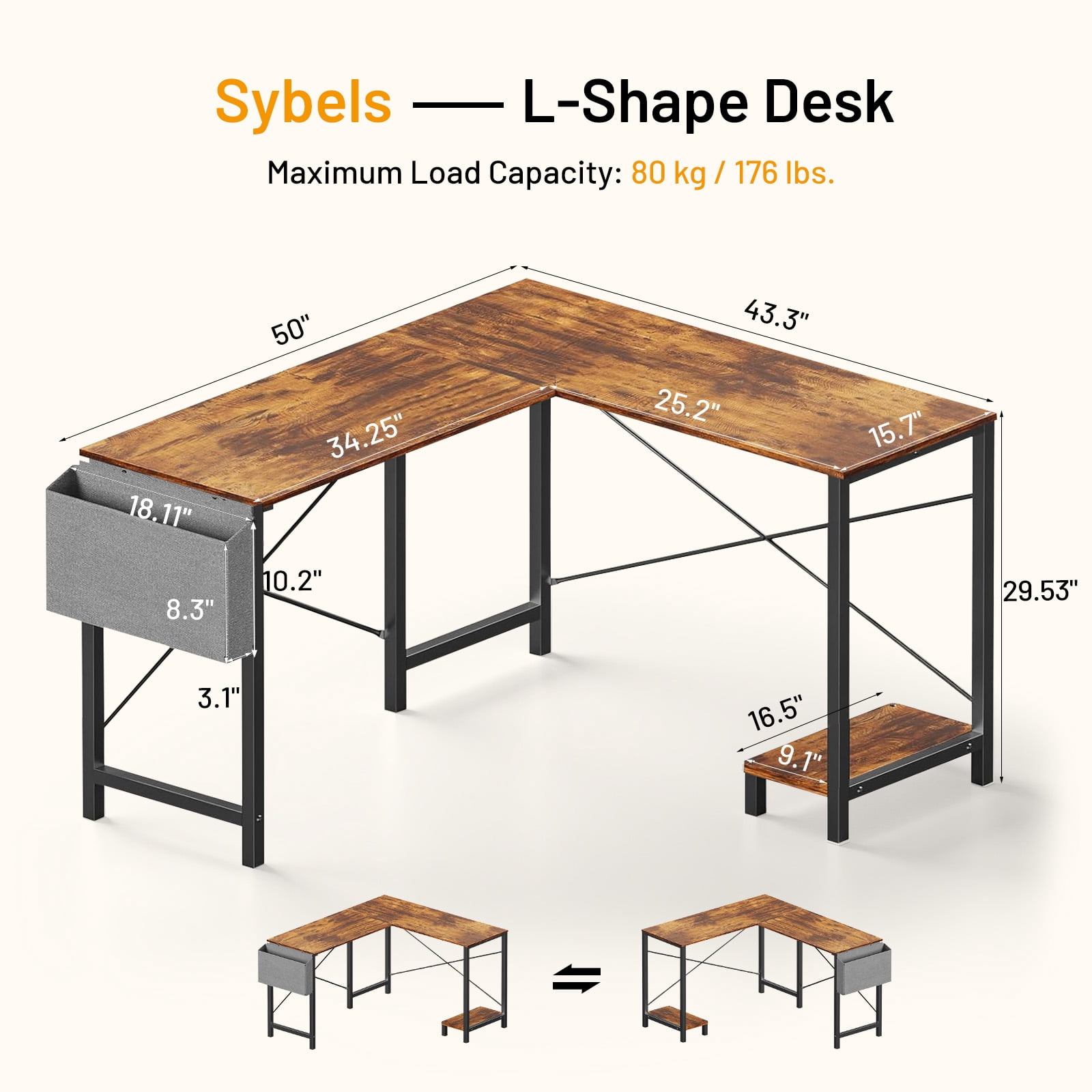 Sybels 50-inch L-Shaped Gaming Computer Desk with CPU Stand & Side Bag, Corner PC Workstation for Home Office, Small Space Saver,Rust