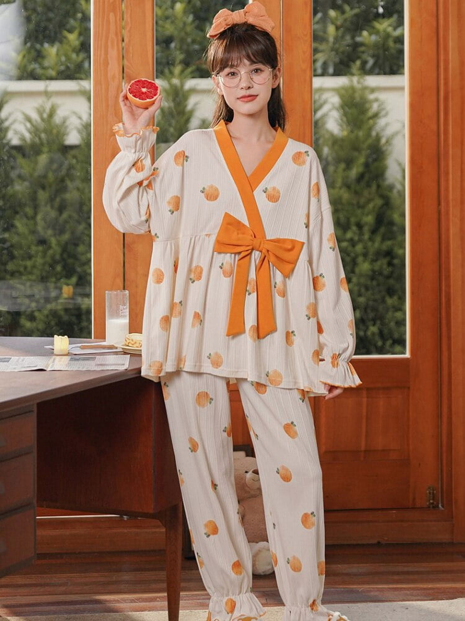 DanceeMangoo Womens Pajamas Set Autumn Winter Kimono Elastic Waist Sleepwear  Set Cotton Womens Long Sleeve Nightwear Print Top Long 