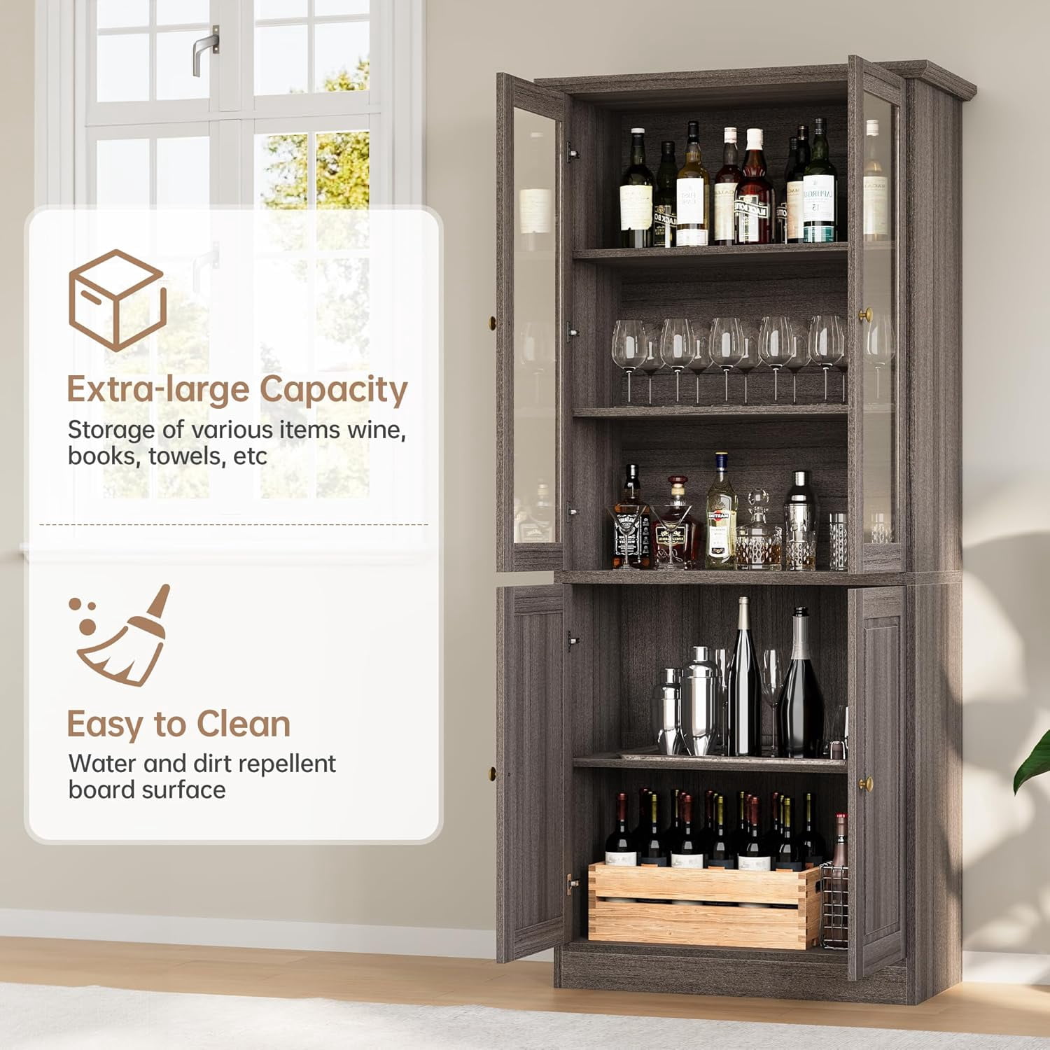 SELOOYE Modern Pantry Cabinet, 71-inch Tall Glass Display with Wood Doors, Adjustable Shelves, Grey