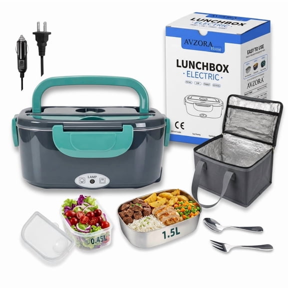 Electric Lunch Box 80W, Fast Heating, Car truk work & Home, Stainless steel 304 1.5L , Leak Proof, 12/24/110V, Men & Women, Spoon, Fork & container. Lonchera Calentadora portatil for adult 18