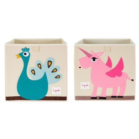 UPC: 0193802201734 | 3 Sprouts Foldable Fabric Storage Cube Box Peacock Toy Bin w/ Unicorn Toy Bin