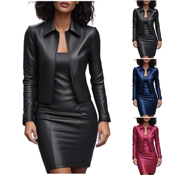 Zedker Dresses for Womens Faux Leather Blazer Dress Suit Sets Office PU Leather Dress with Coat Business Work Outfits