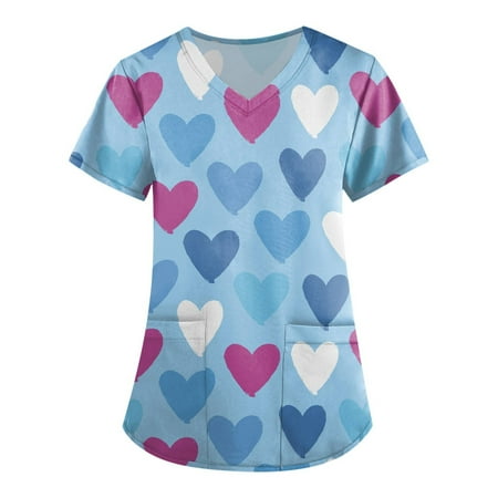 

QWERTYU Professionals Scrubs Top for Women Pockets Working Nursing Scrubs Holiday Valentine s Day T Shirt Short Sleeve V Neck Uniform Sky Blue 5XL