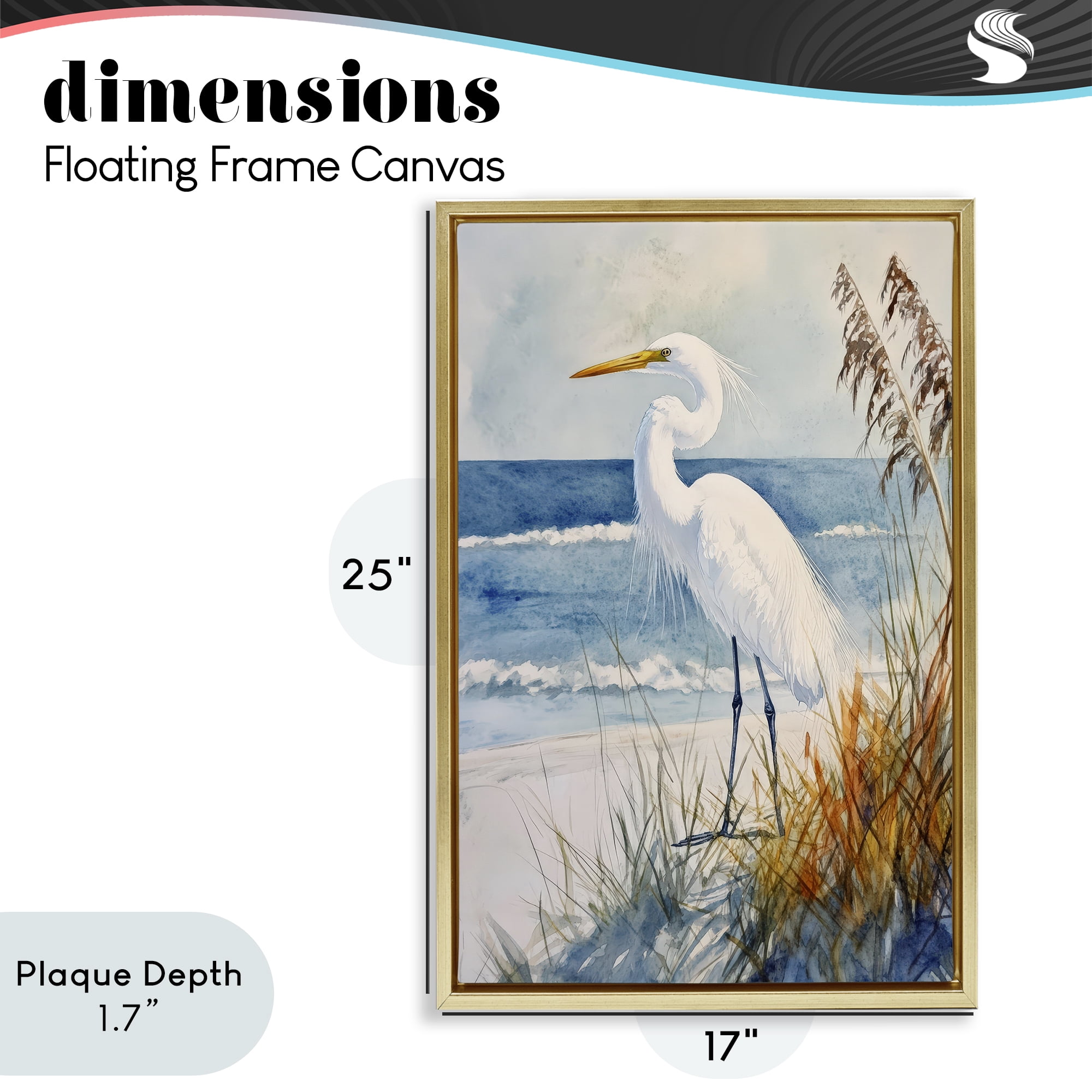 Stupell Industries Egret By The Waves Gold Framed Floater Canvas Wall Art, design by Petal Prints Design