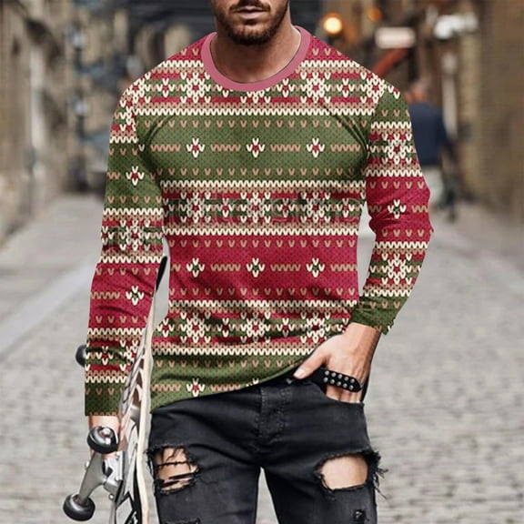 COSFO Crew Neck Mens Shirts Casual Long Sleeve Red Vintage Pullover Men T Shirts