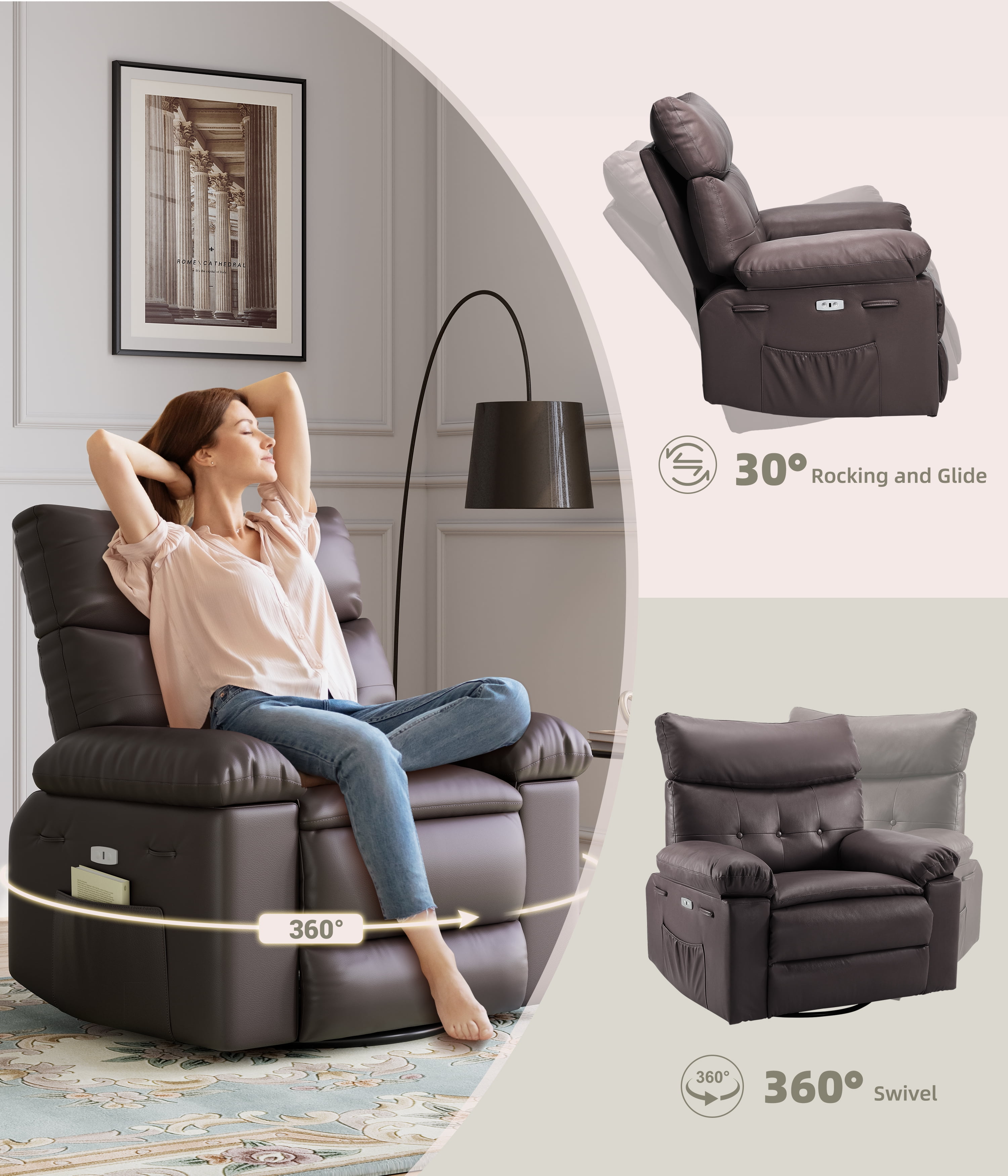 Oversized Recliner Chairs with Heat and Massage - 360°Swivel Lazy Boy Recliner Chair for Adults-Manual Rocking Chair with Remote Control for Living Rooms,Bedrooms and Nurseries