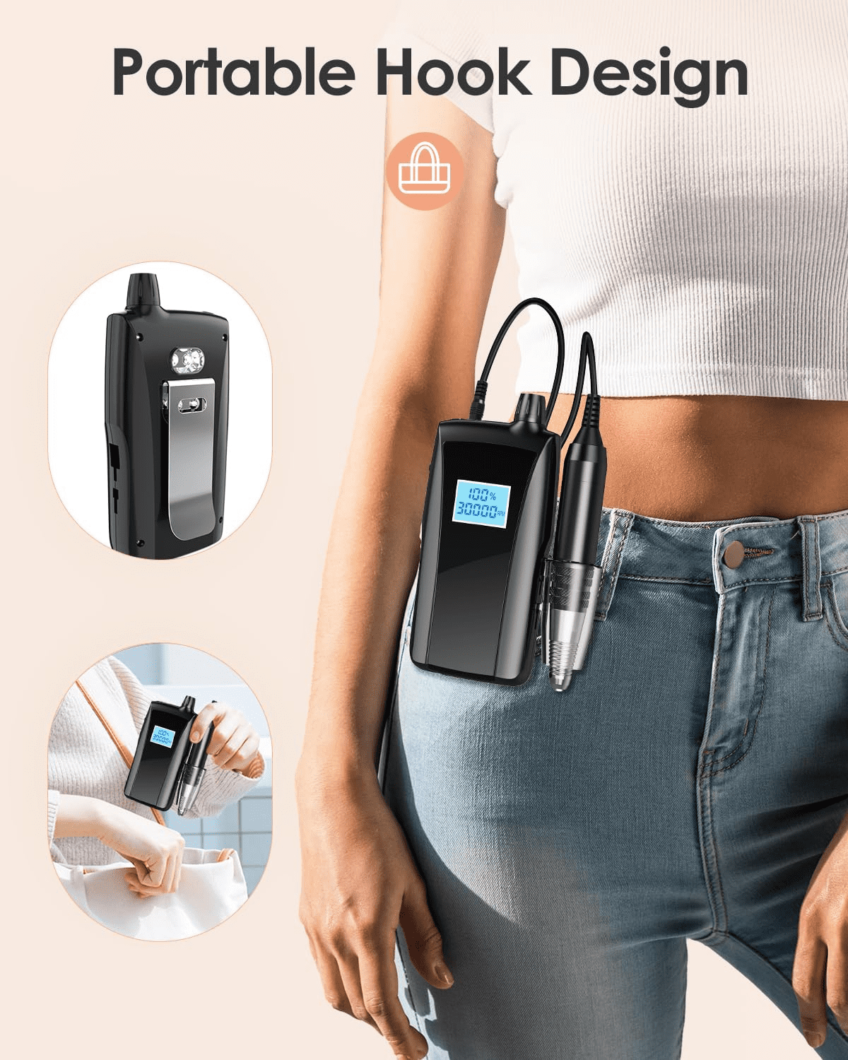 Cordless Nail Drill with 30,000 RPM & LED Display - Rechargeable Electric File with UV Lamp for Drying - Portable Manicure Tool for Acrylic Gel Nails - Low Noise Design