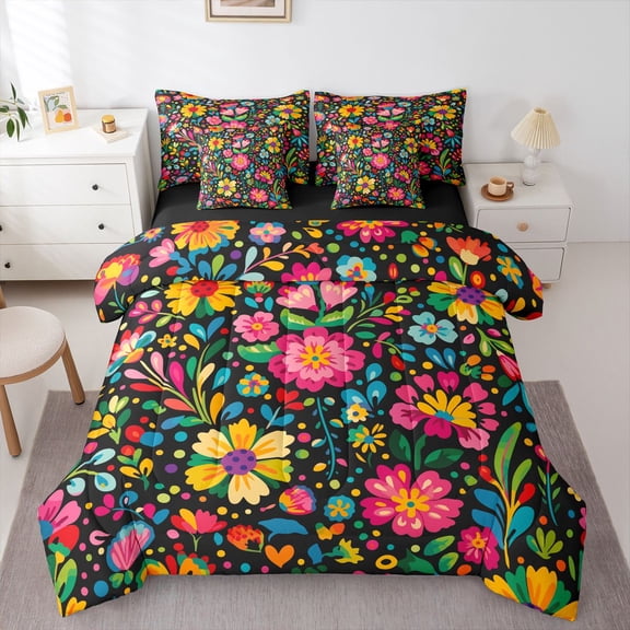 Homewish Boho Watercolor Floral 7-Piece Twin Bedding,Peony Daisy Flower Bedding Comforter Set,Multicolor,Black Reversible
