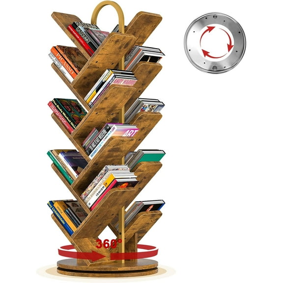 TVU 18-Tier Tree Rotating Bookshelf, 360 Degree Spinning Standing Bookcase for Magazines DVDs Books, Corner Bookcase for Living Room Bedroom Studyr (Rusticc Brown)