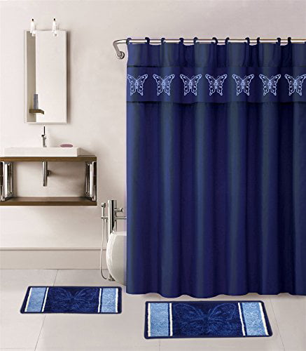 Empire Home Canvas Heavy Shower Curtain W/ 12 Metal Hooks Blue & Green Flowers