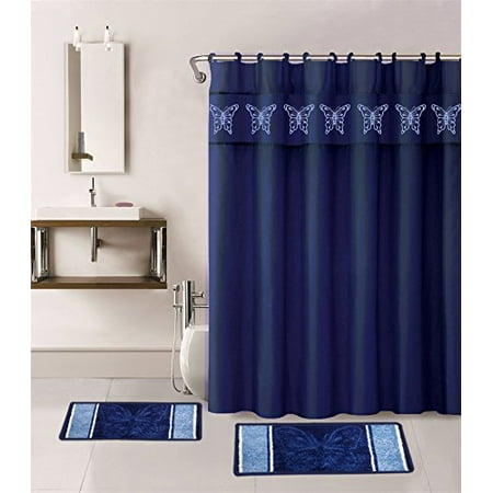 15-piece Hotel Bathroom Sets - 2 Non-Slip Bath Mats Rugs Fabric Shower Curtain 12-Hooks  BUTTERFLY NAVY