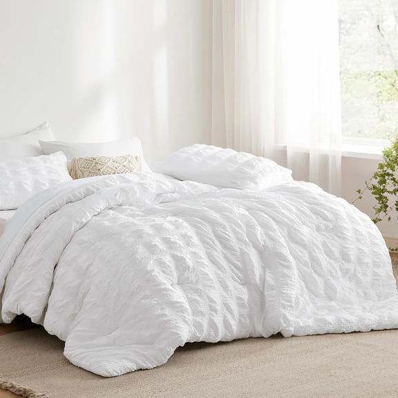 Bed in a Bag Full - 7 Pieces Plaid Seersucker Bedding Comforter Sets, Soft Lightweight White Boho Bed Set with Comforters Full Size, Sheets, Pillowcases & Shams