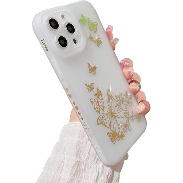 Compatible with iPhone 13 Pro Max Case, Butterfly Pattern with Side Plated Heart Pattern Soft Silicone Shockproof Full Camera Lens Cute Case for iPhone 13 Pro Max for Women Girl,Blue