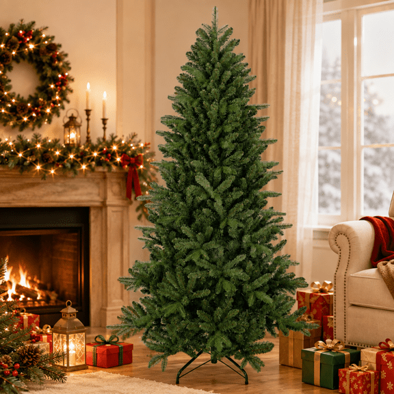 Rayocon 6FT Artificial Christmas Tree, 1168 Branch Tips, PE PVC Hinged Green Tree with Metal Stand
