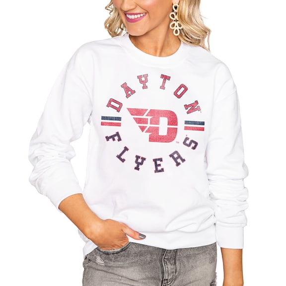 Women's Gameday Couture White Dayton Flyers Oversized Vintage Days Perfect Crew Sweatshirt