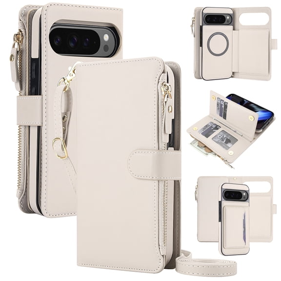 2 in 1 Wallet Case for Google Pixel 10 / 10 Pro / 9 / 9 Pro, Detachable Magnetic PU Leather Crossbody Strap Zipper Pocket Card Slots RFID Blocking Rugged Full Body Protective Cover, Apricot