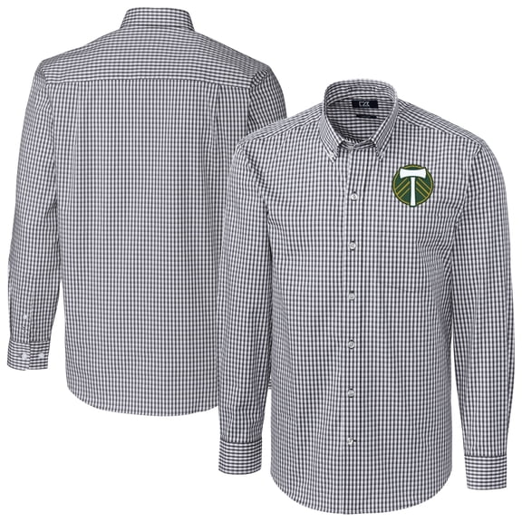Men's-Cutter & Buck Charcoal Portland Timbers Easy Care Stretch Gingham Long Sleeve Dress Top