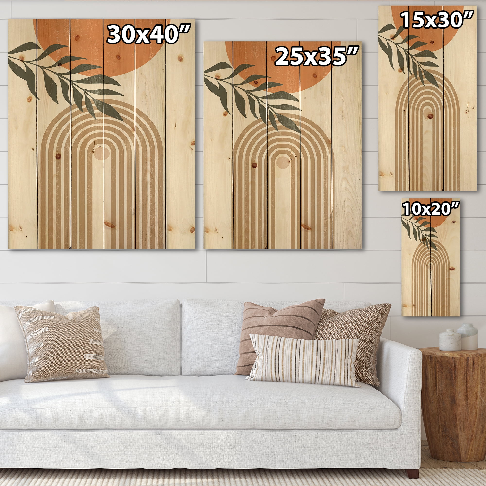Designart 'Abstract Moon Sun Leaves I' Modern Print on Natural Pine Wood
