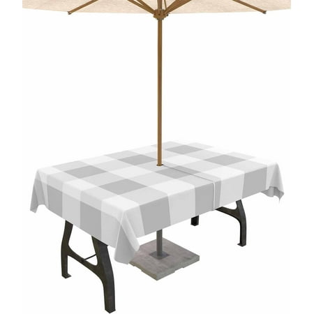 

Outdoor Rectangle Tablecloth with Umbrella Hole and Zipper Grey Plaid Waterproof Table Cover Spring Summer Farmhouse Buffalo Checkered Washable Patio Tablecloths for Party Picnic 60 x120