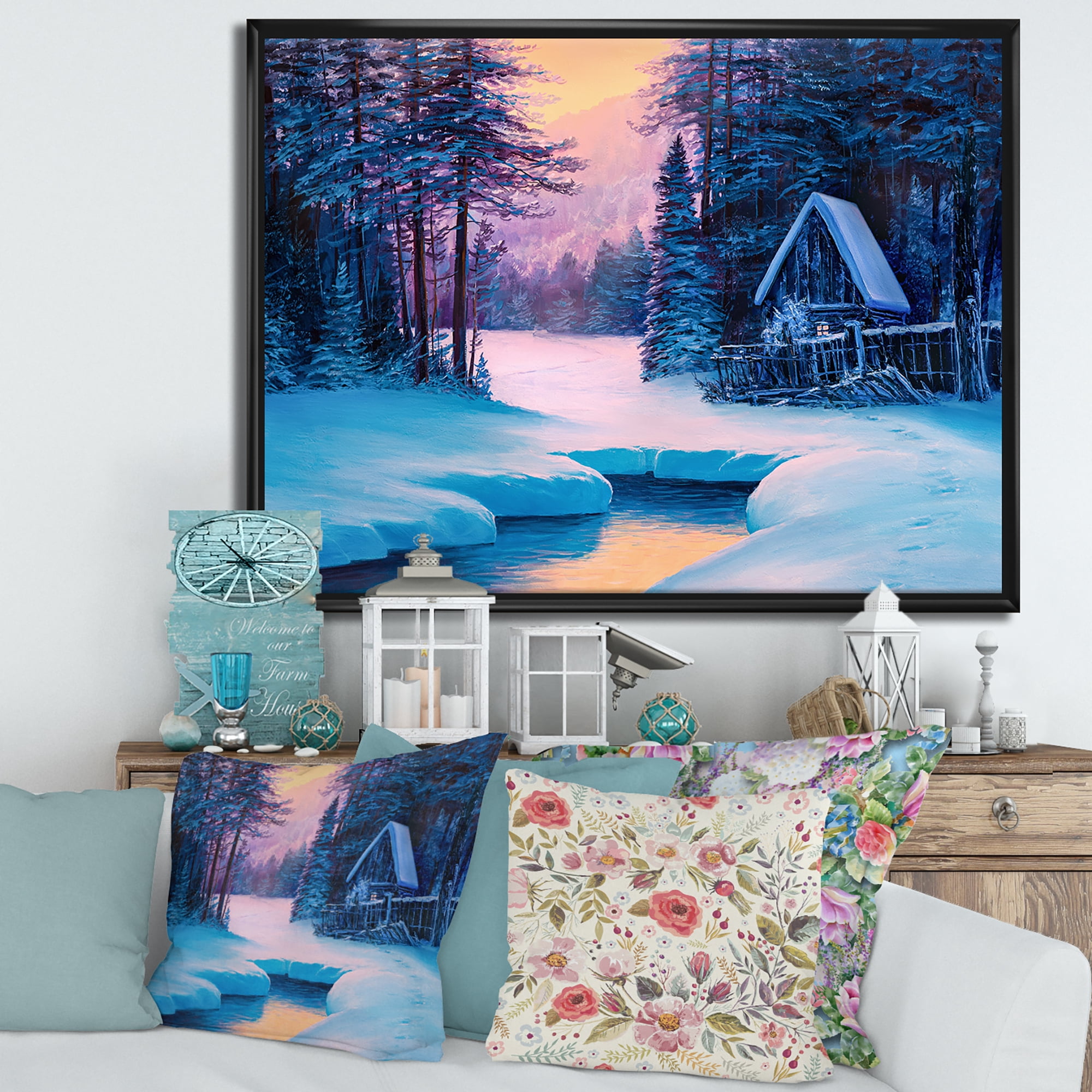 Designart 'The River House In The Woods and Winter Landscape II' Lake House Framed Canvas Wall Art Print