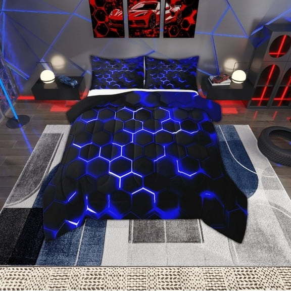 Manfei Geometric Hexagon Bedding Comforter Set,Minimalist Geometric Honeycomb Twin Comforter Sets,Blue Black Bedding Set For Boys Boys,Super Cozy Room Decor Reversible,2pcs