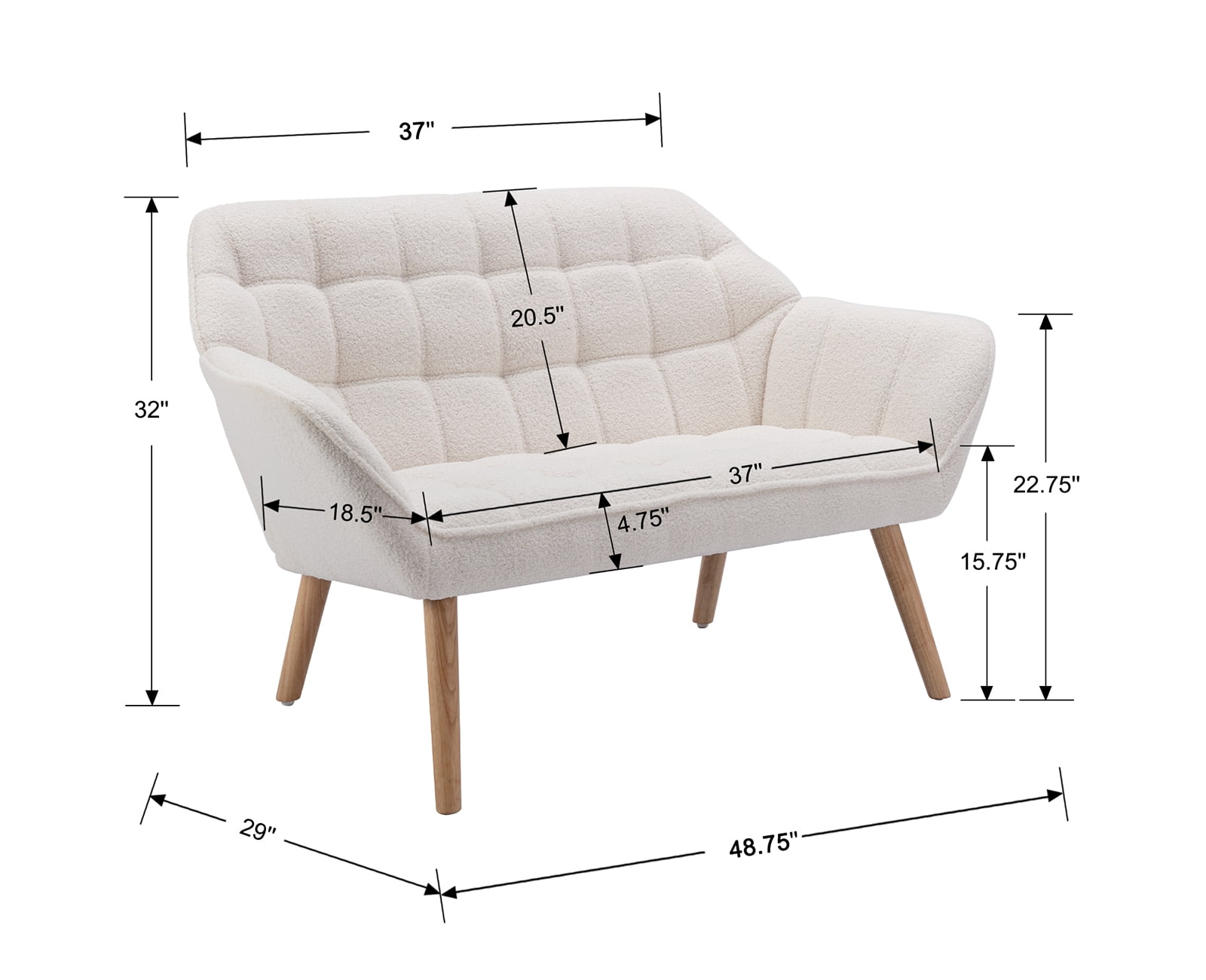 Guyou Small Loveseat Sofa, Modern Sherpa 2-Seater Mini Sofa Couch with Quilted Back and Armrests, Cute Accent Chair with Wooden Legs for Living Room Bedroom Apartment, White