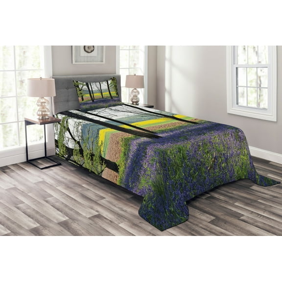 Ambesonne Floral Quilted Bedspread Set 2 Pcs, Bluebells Forest Rural, Twin Size, Purple Yellow Green