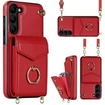 Wallet Case for Samsung Galaxy S21 FE, PU Leather Shoulder Strap Lanyard Crossbody Card Slot Magnetic Cover with RFID Blocking Ring Holder Kickstand Soft TPU Bumper Case,Red