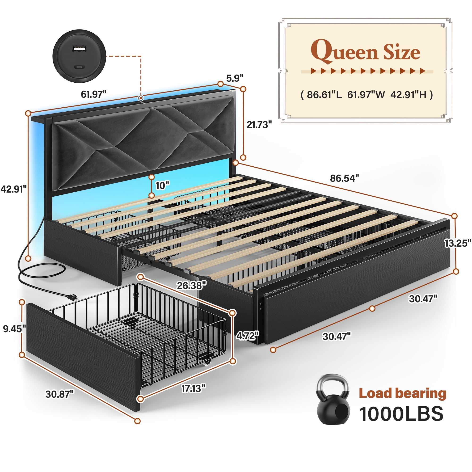 EnHomee Queen Size Bed Frame with 6 Drawers Queen Bed Frame with Storage Upholstered Platform Bed Frame with LED lights & Charging Station, No Box Spring Needed, Black
