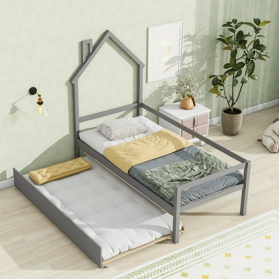 Euroco Wood House Platform Bed with Trundle for Kids Teens Room, Semi-Close House Bed with Roof, Gray