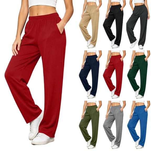 Bloomae Plus Size Women's High Waisted Wide Straight Leg Sweatpant Lightweight Loose Comfy Elastic Waist Workout Sweat Pants Fall Casual Jogger Pants with Pockets