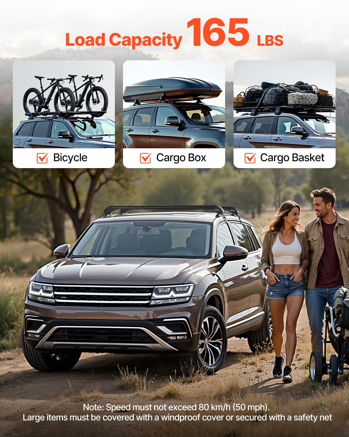 VEVOR Roof Rack Cross Bars, Universal Fit for Naked Roofs Without Raised Rails/Flush Rail/Black Moldings, 165 LBS Capacity,Lockable Heavy Duty Aluminum Crossbar Racks Roof Rail Rooftop Luggage Canoe