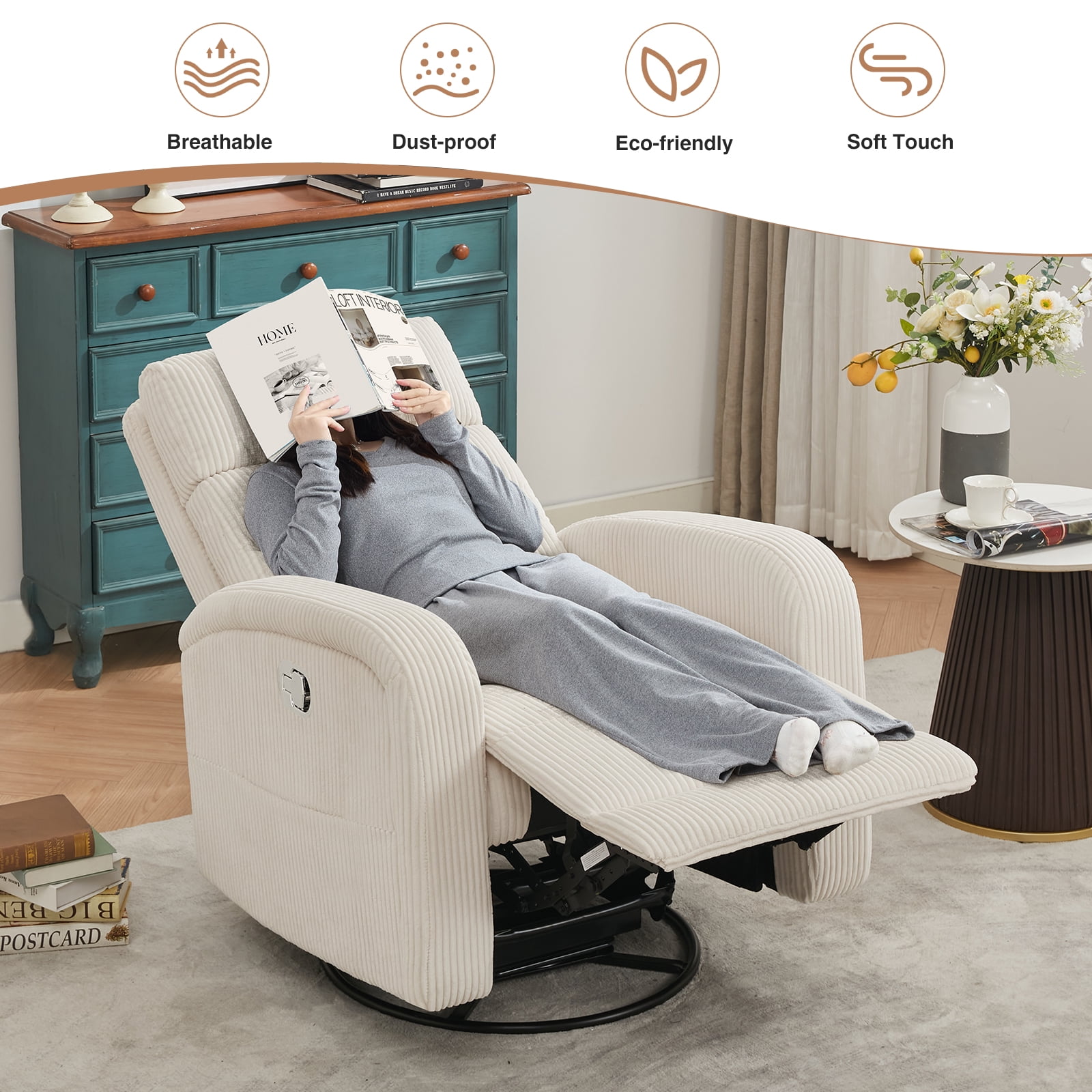 Aemeios Manual Swivel Rocker Recliner Chair, Corduroy Nursery Chair for Living Room, White