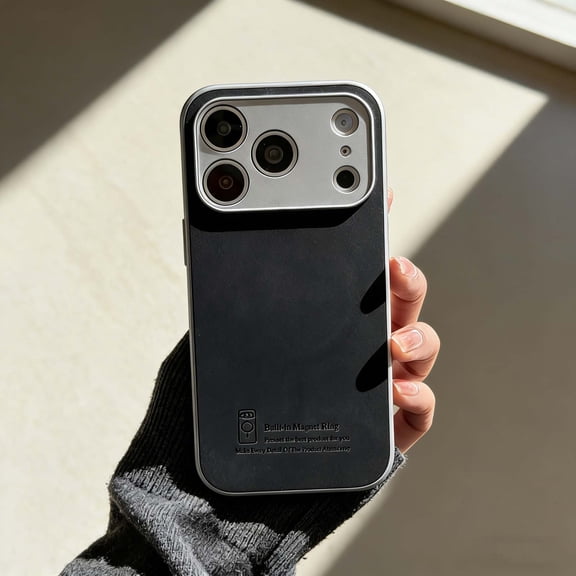 For iPhone 16 Pro Phone Case,Anti-Scratch Retro PU Leather Back,Compatible With Mag-Safe,Silver Frame Design,Ultra Slim Shockproof Non-Slip Anti-fall Protection,Thin Durable Phone Case,Black