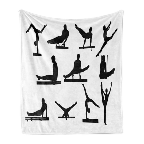 Gymnastics Soft Flannel Fleece Throw Blanket, Composition of Mens Pommel Horse Athlete Silhouettes with Various Poses, Cozy Plush for Indoor and Outdoor Use, 70" x 90", Black and White, by Ambesonne