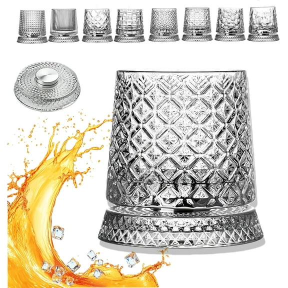 Crystal Whiskey Glasses，360 Degree Rotating Whiskey Glass, 280ML Premium Cut Glass Tumblers with Spinning Base， with Stable Decoupled Base,  Decorative Drinkware for Scotch, Bourbon (Ice pattern)Z