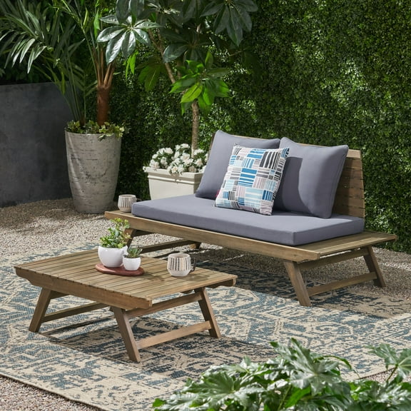 Sudbury Outdoor Outdoor Acacia Wood Loveseat and Coffee Table Set with Cushions, Gray/Dark Gray