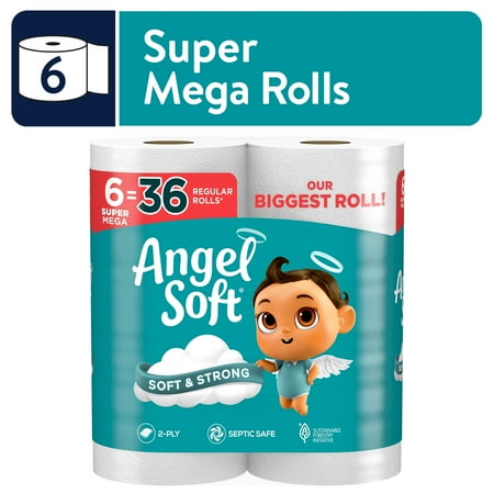 Angel Soft Toilet Paper, 6 Super Mega Rolls, Soft and Strong Toilet Tissue