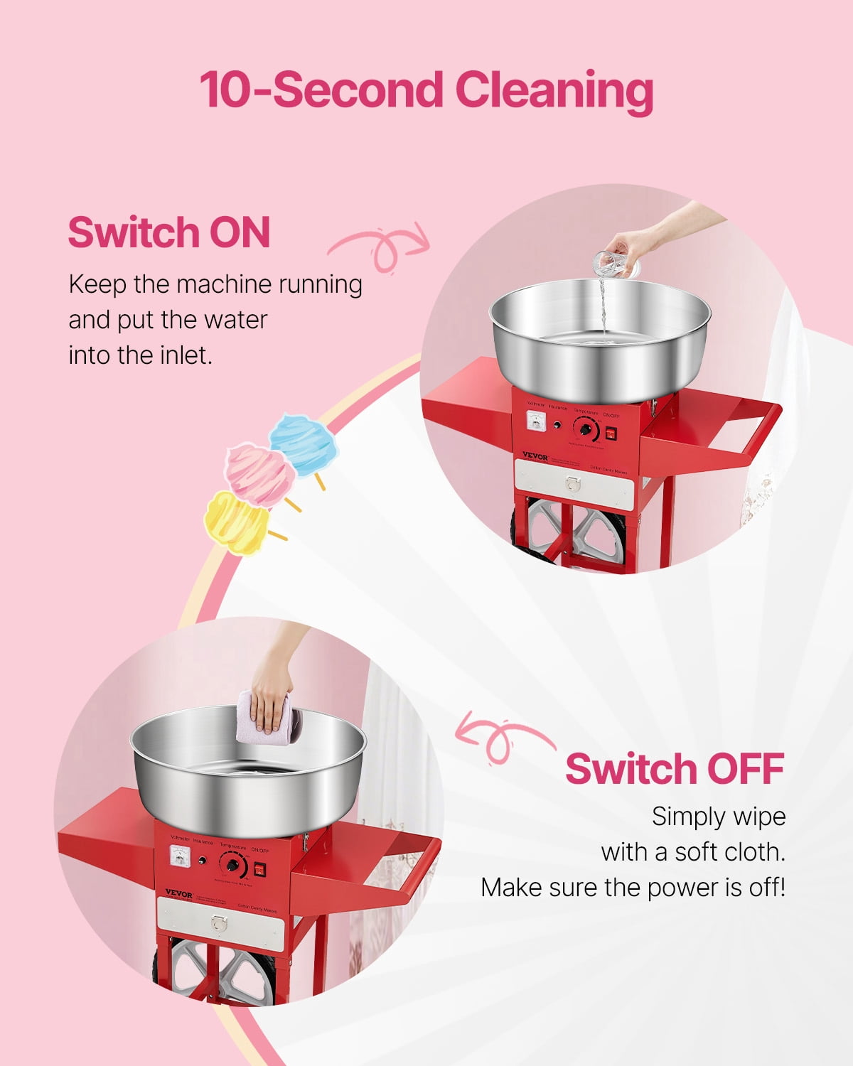 VEVOR Electric Cotton Candy Machine with Cart, 1000W Commercial Candy Floss Maker with 20.5 in Stainless Steel Bowl, Sugar Scoop, and Drawer, Easy to Use, for Home, Kids Birthday, Family Party, Red