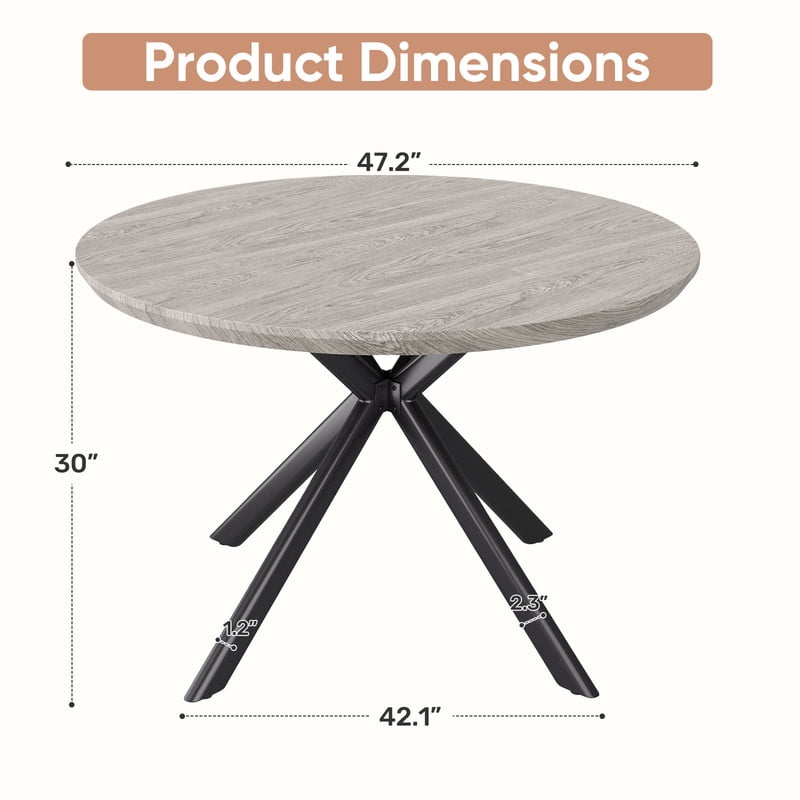 Hawsaiy 47" Round Dining Table for 4-6, Modern Farmhouse Kitchen Table with Metal Legs, Wood Circle Dinner Table for Kitchen & Dining Room, Gray