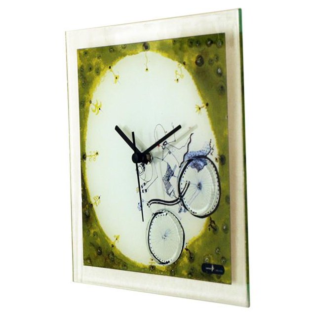 Horloge Murale en Verre avec Garçon et Fille à Vélo