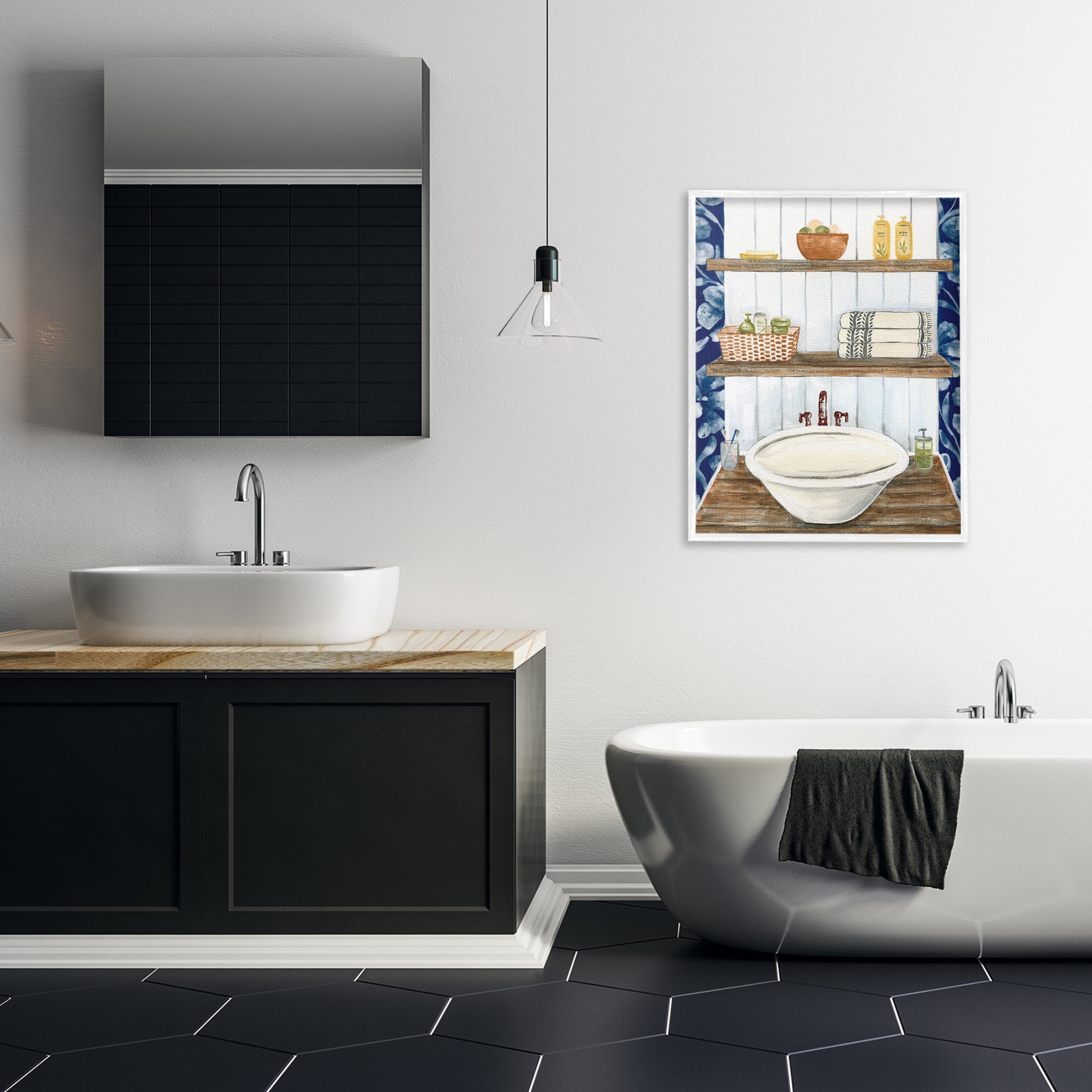 Stupell Industries Bold Blue Bathroom Typography Painting White Framed Art Print Wall Art, 24 x 30