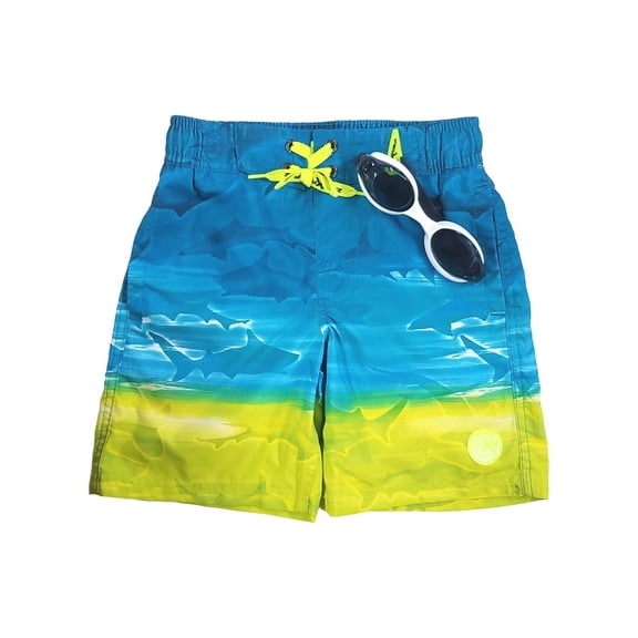 Zero Xposur Boys Blue & Green Shark Swim Trunks Board Shorts & Goggles Set M 5-6