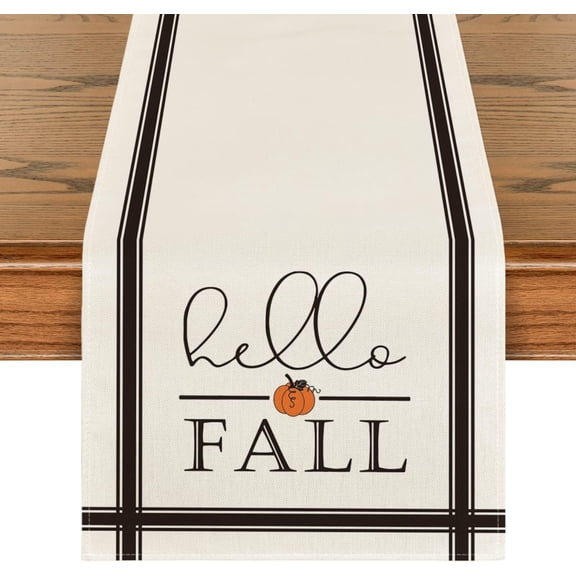 Hello Fall Pumpkin Table Runner, Harvest Vintage Thanksgiving Kitchen Dining Table Decoration Cloth for Indoor Outdoor Home Party Decor